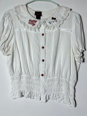 Hello Kitty White Blouse with Red Embroidery and Buttons